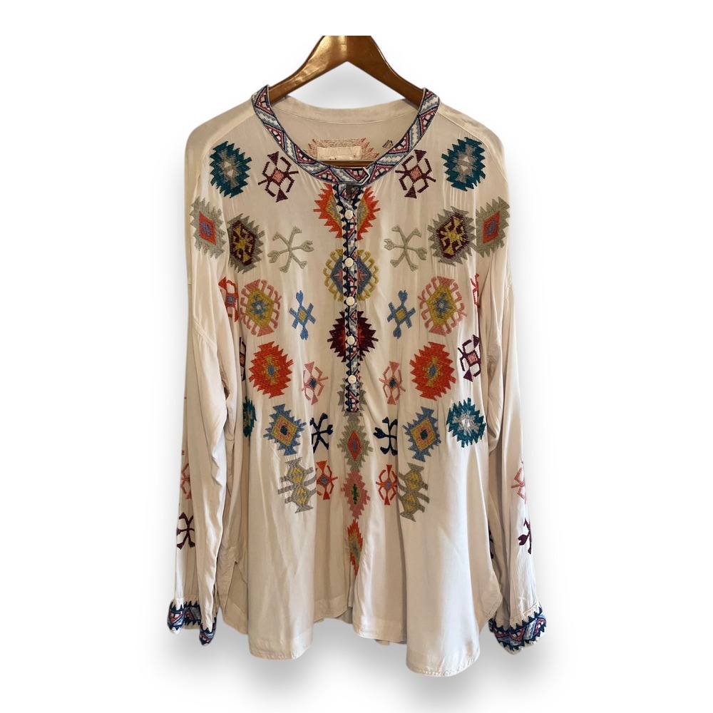 Johnny Was Biya Floral Embroidered Henley Tunic Top Blouse Women's Size XL
